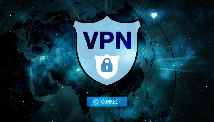 Use a Virtual Private Network | Startup Editor Blue VPN shield with a lock icon over a world map background and a Connect button below