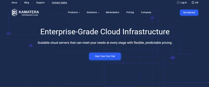 Kamatera - Startupeditor | Startup Editor Hero banner for Kamatera with the headline "Enterprise-Grade Cloud Infrastructure", subheading about scalable cloud servers, and a prominent "Start Your Free Trial" button on a dark blue network-themed background.