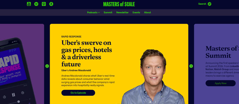 Masters of Scale - Startupeditor | Startup Editor Best Podcasts for Startup Founders screenshot showing Masters of Scale podcast homepage for startup growth lessons