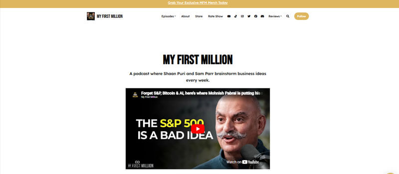 My First Million - Startupedior | Startup Editor Best Podcasts for Startup Founders screenshot showing My First Million podcast homepage for startup ideas