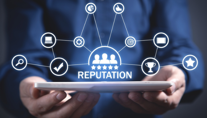 Online Reputation Management | Startup Editor Digital reputation dashboard with star ratings and trust icons, showing why online reputation management is important for protecting brand image online.