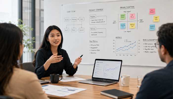 How to Make Each Product Manager Case Study Interview Answer More Specific | Startup Editor Product Manager Case Study Interview discussion with product strategy, metrics, roadmap, and prioritization on a whiteboard