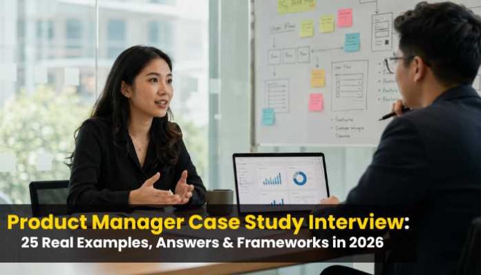Product Manager Case Study Interview featured image with candidate presenting PM examples and frameworks in 2026.