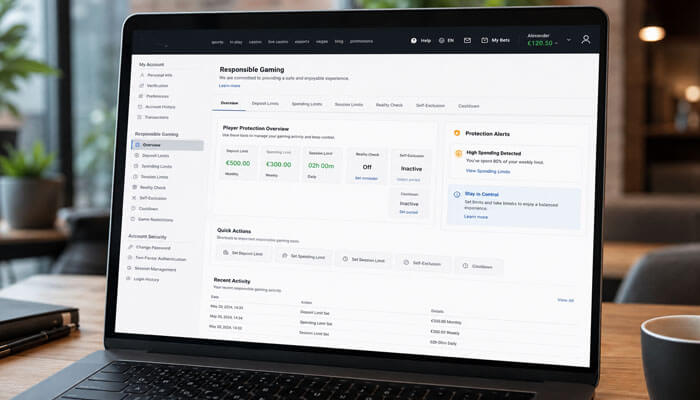 Responsible Gaming Inside Product Structures - Startupeditor | Startup Editor Laptop screen showing a dashboard titled 'Responsible Gaming' with Player Protection Overview and Protection Alerts, plus side navigation and activity panels in an office setting.