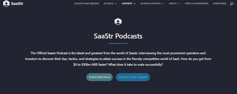 SaaStr Podcast - Startupeditor | Startup Editor Best Podcasts for Startup Founders screenshot showing SaaStr podcast page for B2B SaaS growth lessons