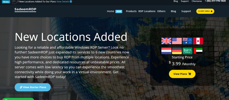 SadeemRDP - Startupeditor | Startup Editor Hero banner announcing new locations added for SadeemRDP, with a world map background, country flags, starting at .99 monthly, and a yellow 'View Plans' button.