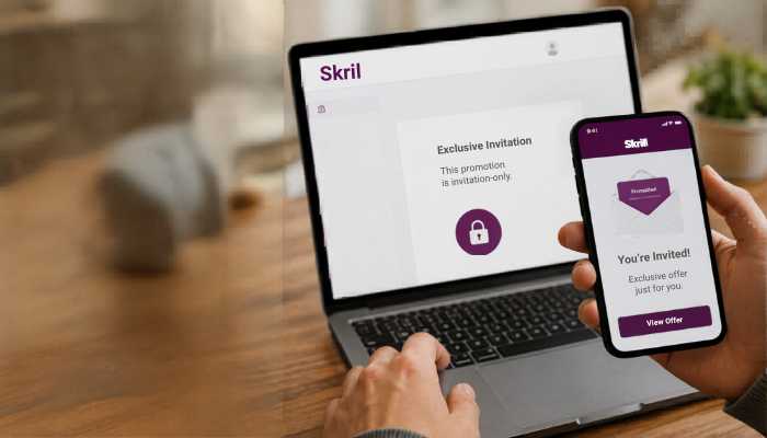Skrill Promotion Codes | Startup Editor Skrill Promotion Codes invitation-only offer displayed on a laptop and smartphone for selected users.