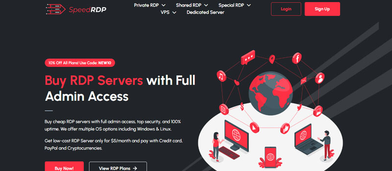 SpeedRDP - Startupeditor | Startup Editor Hero banner for SpeedRDP: dark page advertising RDP servers with full admin access, featuring a globe and network illustration.