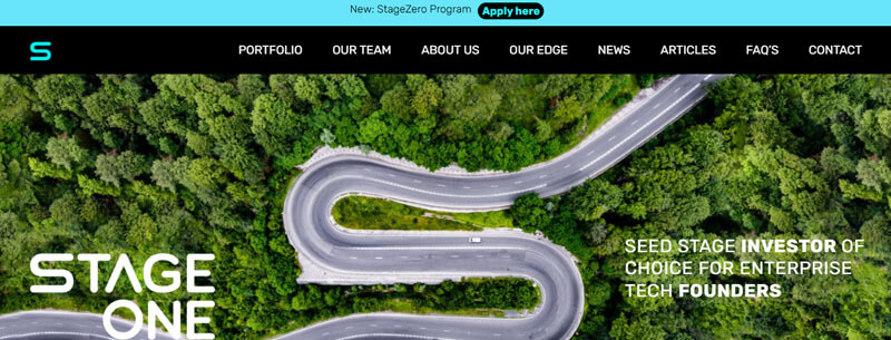 StageOne Ventures - Startupeditor | Startup Editor Aerial view of a winding road through a forest, with the Stage One logo on the left and the tagline on the right: 'Seed stage investor of choice for enterprise tech founders'.