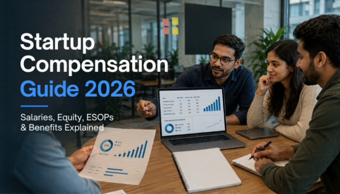 Startup Compensation by Company Stage meeting showing founders and employees reviewing salary benchmarks, equity, ESOPs, and benefits across startup growth stages
