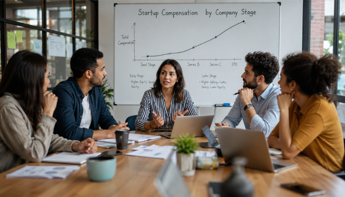 Startup Compensation by Company Stage | Startup Editor Startup Compensation by Company Stage presentation with startup team discussing compensation growth, equity allocation, and employee benefits from seed stage to IPO