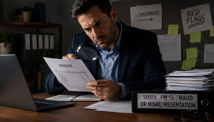 Suspicion of Fraud or Misrepresentation - Startupeditor | Startup Editor A man in a suit studies an invoice with a magnifying glass at his desk, with a folder labeled 'Suspicion of Fraud or Misrepresentation' and several sticky notes on the wall behind him.