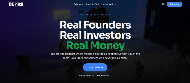The Pitch - Startupeditor | Startup Editor Best Podcasts for Startup Founders screenshot showing The Pitch podcast homepage for real founder pitches