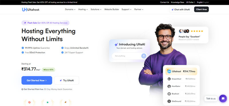 Ultahost RDP - Startupeditor | Startup Editor Hero image for UltaHost: man in purple sweater with floating panels about hosting features on a clean homepage mockup