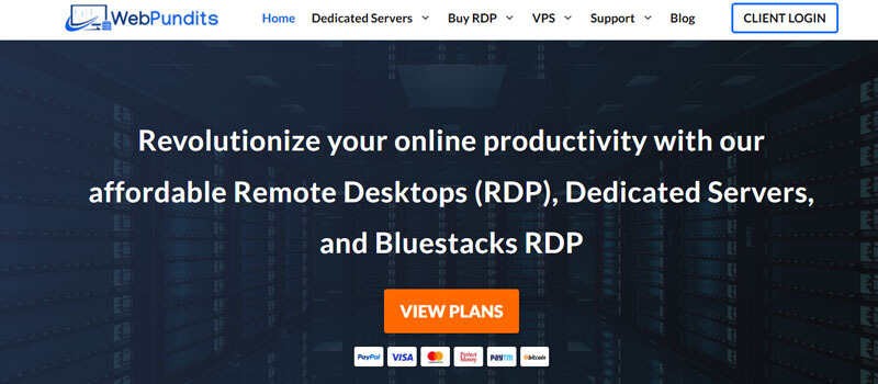 WebPundits - Startupeditor | Startup Editor Hero banner for WebPundits promoting affordable Remote Desktops, Dedicated Servers, and Bluestacks RDP with a prominent 'View Plans' button and payment logos.