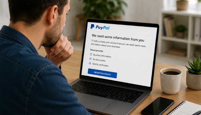 What If PayPal Asks for Business Documents | Startup Editor Change PayPal Account From Business to Personal process showing a user reviewing PayPal business document verification on a laptop.