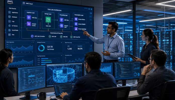 Team of five professionals in a data operations room analyzing a wall-sized screen showing AWS Data Lake Architecture with layered diagrams and charts.