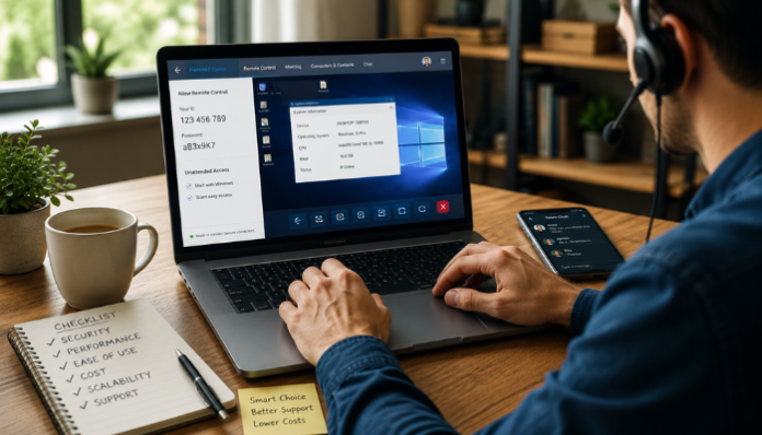A small startup team working together at a shared desk with laptops, representing distributed teams that rely on remote IT support.