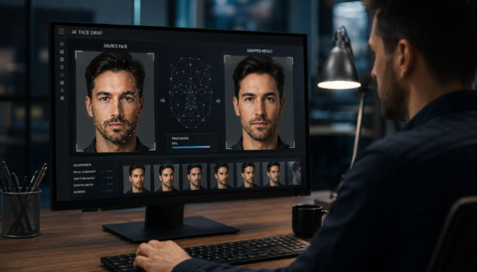 Person at a desk uses a face-swapping software on a monitor, showing source face, swapped output, and a row of thumbnail previews.