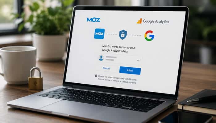 Does Moz Receive Your Google Password - Startupeditor | Startup Editor Is Moz Connect to Google Analytics Safe Private connection screen showing Moz, Google Analytics and secure OAuth authorization.