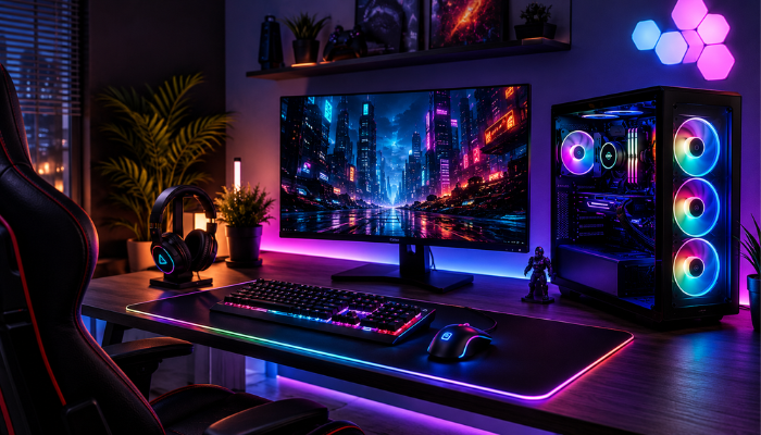 Gaming Setup Checklist for Better Play | Startup Editor Modern RGB gaming desk setup with monitor, headset, keyboard, and PC for latest tips for gaming by feedgamebuzz