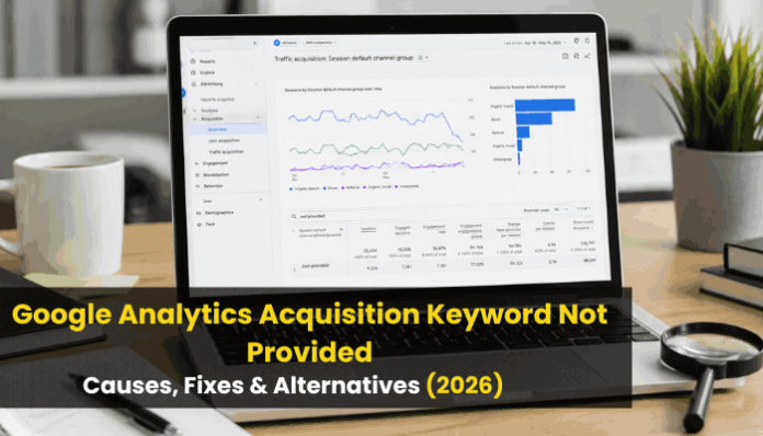 Google Analytics Acquisition Keyword Not Provided dashboard showing traffic data, causes, fixes, and alternative keyword research methods.