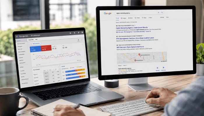 Google Search Ads for Contractors 1 | Startup Editor Online advertising for contractors shown through Google Ads dashboard and local search results