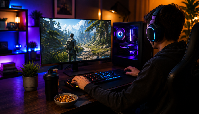 Healthy Gaming Tips for Long-Term Performance | Startup Editor Gamer wearing headset playing on a high-performance PC setup for latest tips for gaming by feedgamebuzz