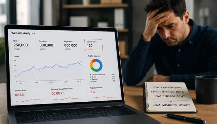 High Traffic Does Not Always Mean Successful SEO - Startupeditor | Startup Editor Website analytics dashboard showing high traffic, low conversions, and engagement metrics when analyzing what are unique visitors on a website.