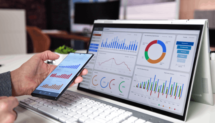 How Different Businesses Use GA4 | Startup Editor Mobile and desktop analytics dashboards illustrating updates since the Google Analytics 4 Release
