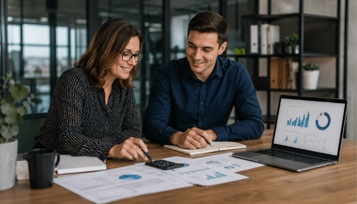 How Employers Can Calculate Apprenticeship ROI | Startup Editor Benefits of apprenticeships for employers shown by professionals calculating apprenticeship ROI with reports and charts.