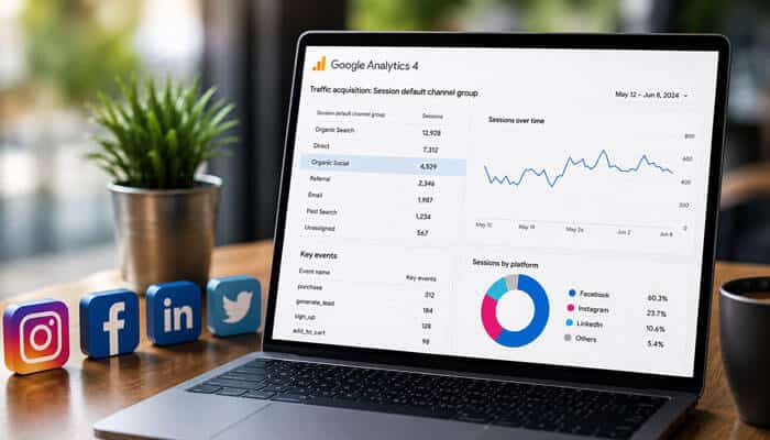 How GA4 Attributes Organic Social Sessions and Key Events - Startupeditor | Startup Editor Laptop displaying a GA4 traffic acquisition report with social media icons, illustrating what is organic social in Google Analytics and social traffic attribution.