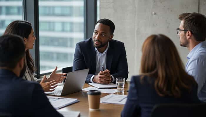 How Personal Humility and Professional Will Work Together - Startupeditor | Startup Editor Diverse team members discuss around a conference table; a man in a suit leads the conversation with others listening.