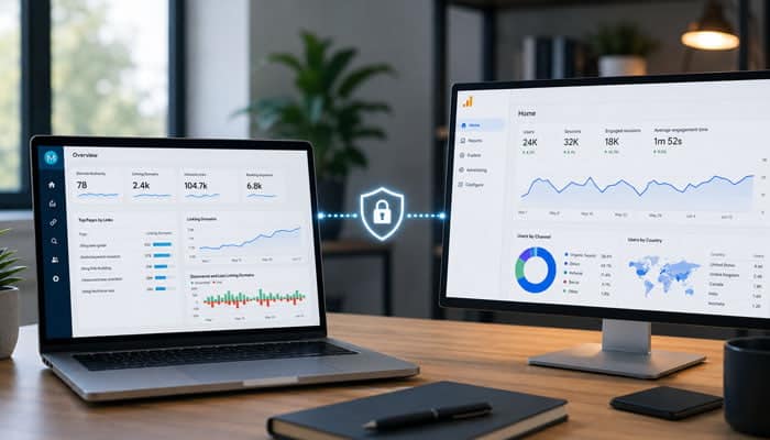 How to Connect Moz to Google Analytics Safely - Startupeditor | Startup Editor Is Moz Connect to Google Analytics Safe Private illustration with Moz and GA4 dashboards connected by a security lock.