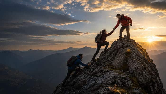How to Develop Level 5 Leadership - Startupeditor | Startup Editor What is Level 5 Leadership represented by climbers helping one another reach a mountain summit.