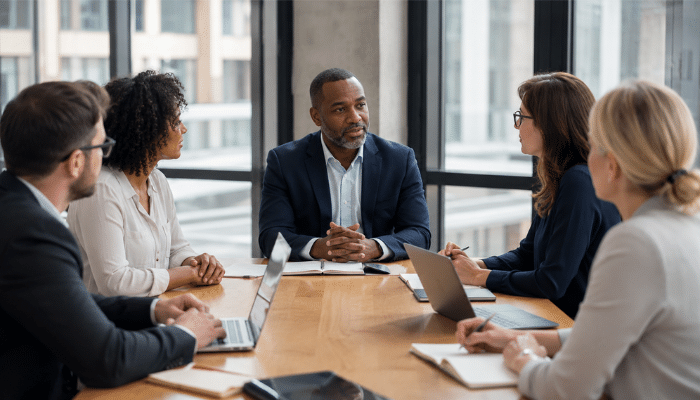 How to Practice Servant Leadership Without Losing Authority | Startup Editor Strengths and Weaknesses of Servant Leadership shown in a business meeting with a leader listening to team feedback.