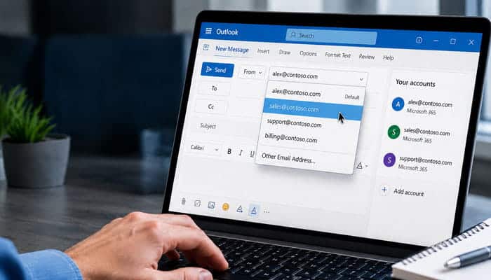 How to Send From a Different Email Address in New Outlook - Startupeditor | Startup Editor Outlook compose window showing how to send from a different email address in Outlook
