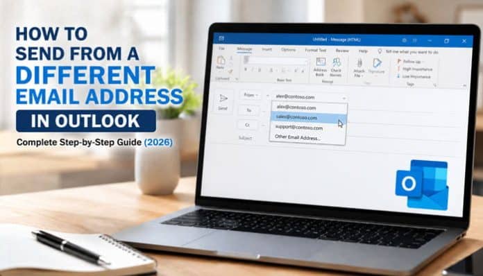 How to send from a different email address in Outlook using the From dropdown on a laptop