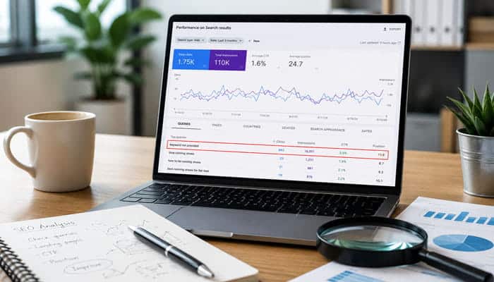 Is Keyword Not Provided a Tracking Error - Startupeditor | Startup Editor Laptop displaying search performance data used to investigate Google Analytics Acquisition Keyword Not Provided traffic.