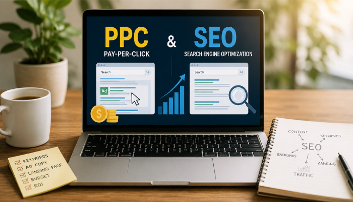 Key Components of PPC Search Engine Optimization | Startup Editor PPC Search Engine Optimization concept on a laptop screen showing pay-per-click ads, SEO search results, keyword notes, and ranking growth.
