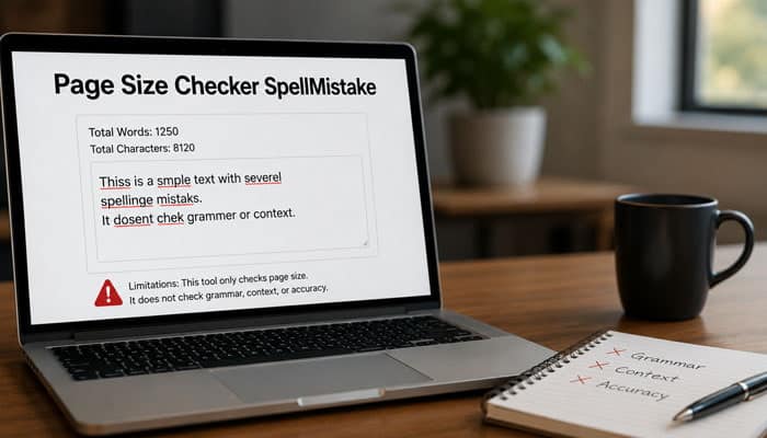 Limitations of Page Size Checker SpellMistake - Stratupeditor | Startup Editor Page Size Checker SpellMistake limitations shown on a laptop with a warning message and checklist.