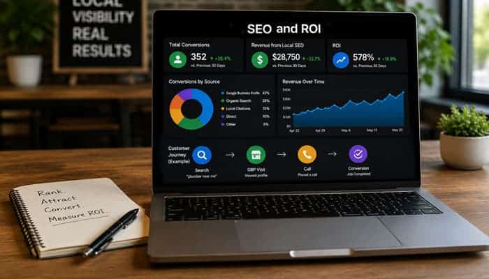 Local SEO Attribution and ROI - Startupeditor | Startup Editor Search Engine Optimization Lynnwood business goals planner featuring website traffic, leads, conversions, brand awareness, and revenue.