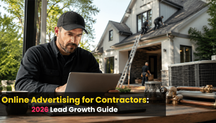 Online advertising for contractors with a contractor using a laptop at a home renovation job site