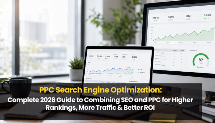 PPC Search Engine Optimization dashboard showing organic traffic, paid search metrics, keyword performance, and conversion growth on a modern workspace screen.