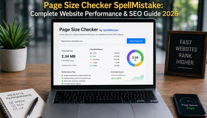 Page Size Checker SpellMistake displaying website page size and performance results on a laptop screen.
