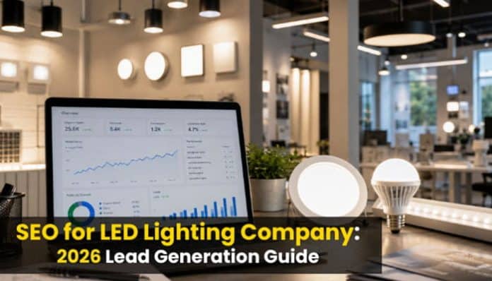 Laptop on a desk in a bright showroom; screen shows charts and graphs, with a bold banner reading 'SEO for LED Lighting Company: 2026 Lead Generation Guide'