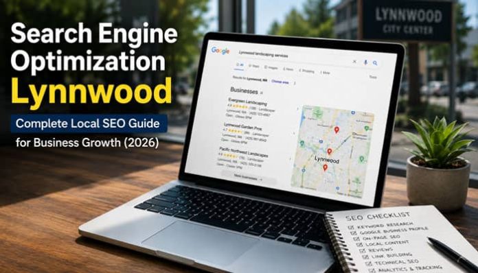Search Engine Optimization Lynnwood strategy displayed on a laptop with local Google rankings and a Lynnwood map.