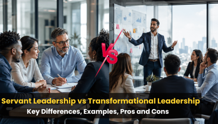 Servant Leadership vs Transformational Leadership comparison with business leaders showing teamwork, support, vision, and workplace inspiration.