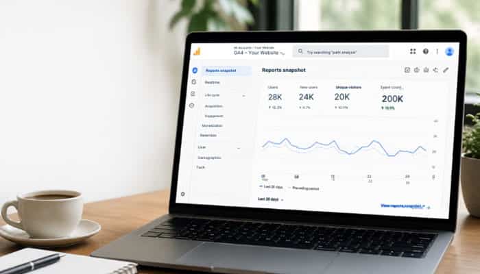 What Are Unique Visitors in Google Analytics 4 - Startupeditor | Startup Editor Laptop displaying a Google Analytics report to explain what are unique visitors on a website and how visitor data is tracked.