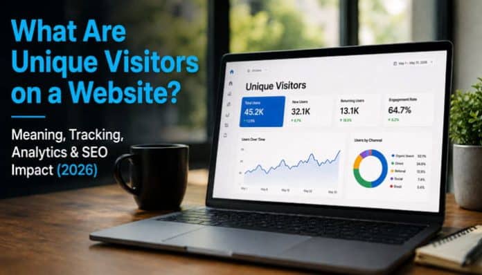What are unique visitors on a website shown through an analytics dashboard displaying visitor counts, traffic data, and performance charts.
